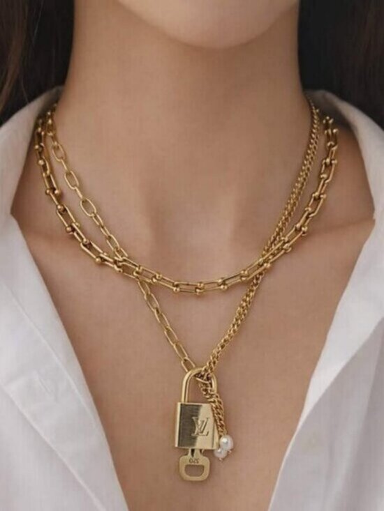 Louis Vuitton Jewelry - Double Chain Necklace with Authentic Louis Vuitton Padlock Pendant & Fresh Pearl